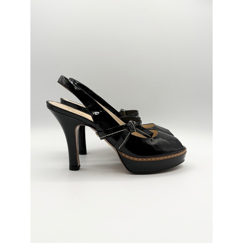 Prada S/S 2009 Black Patent Leather Heels Ribbon Detail Peep Toe Sz EU 38